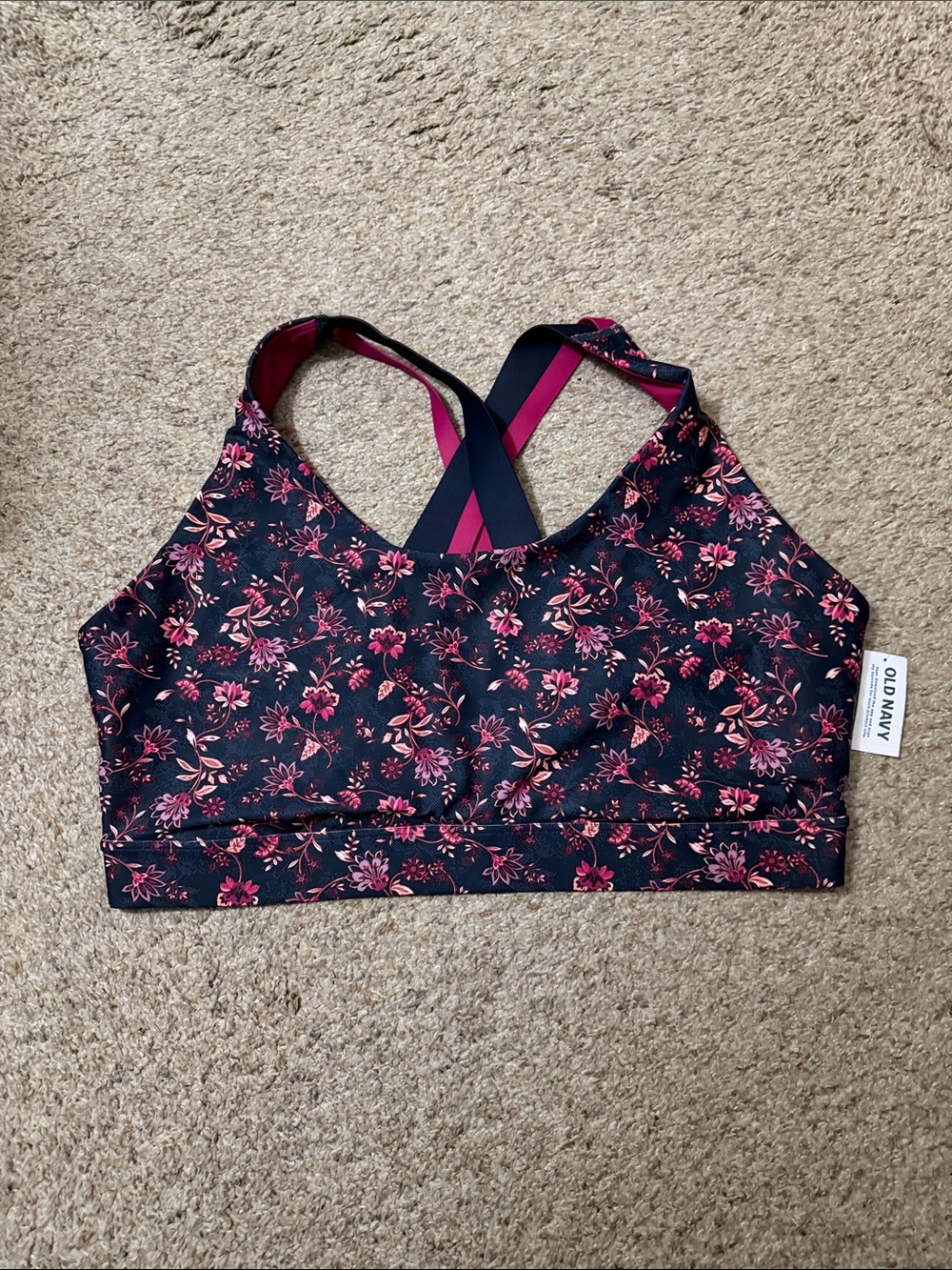 Old Navy Navy and Pink Floral Crossback Sports Bralette